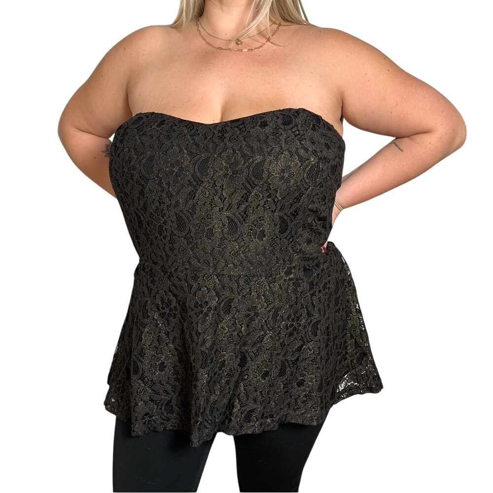 City Chic Strapless Blouse Black Gold Shimmer Floral‎ Lace Peplum Y2K Glam Party